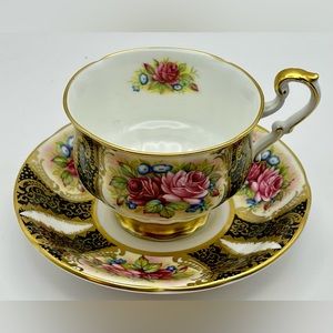 PARAGON Red And Pink CABBAGE Rose Tea Cup & Saucer On Black & Gold MINT!